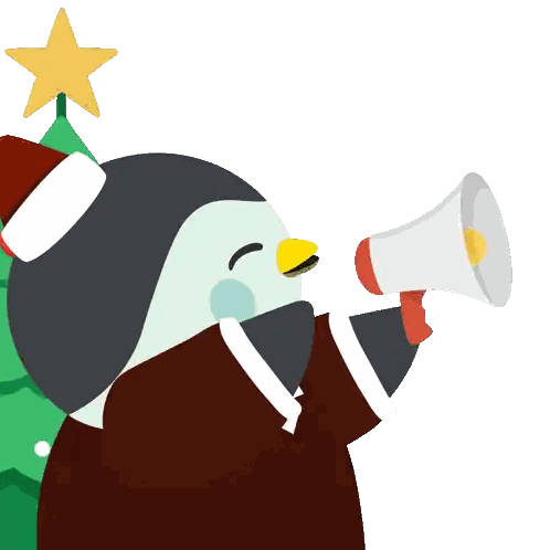 a penguin wearing a santa hat and holding a megaphone