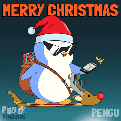 A Penguin Wearing A Santa Hat And Sunglasses Is Riding A Reindeer On A Sled GIF