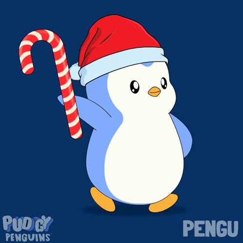 A Penguin Wearing A Santa Hat Holds A Candy Cane GIF