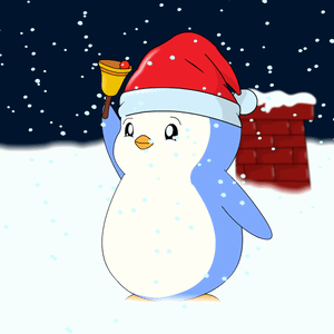 A Penguin Wearing A Santa Hat Holds Up A Bell GIF