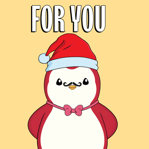 A Penguin Wearing A Santa Hat Is Holding A Gift Box With The Words For You Above It GIF