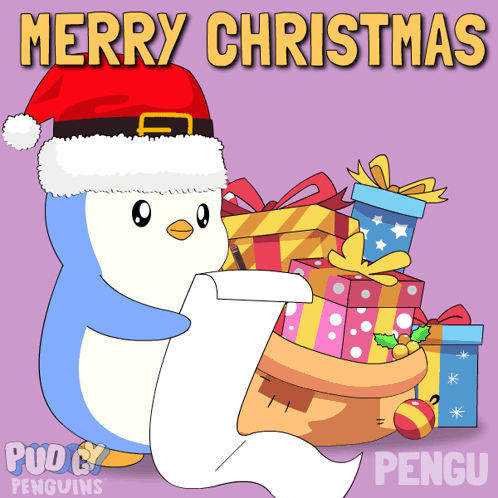 A Penguin Wearing A Santa Hat Is Holding A List With The Words Merry Christmas Written Above It GIF