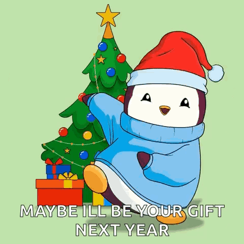 A Penguin Wearing A Santa Hat Is Standing Next To A Christmas Tree GIF