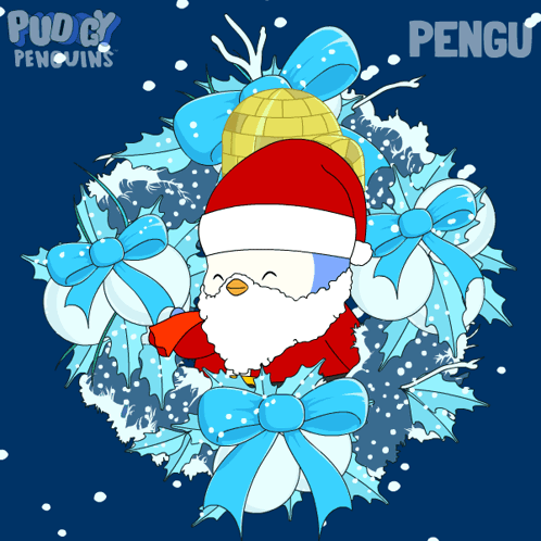 A Penguin Wearing A Santa Hat Is Surrounded By Blue Bows And Holly GIF