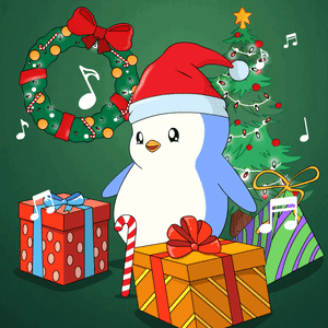 A Penguin Wearing A Santa Hat Is Surrounded By Christmas Presents And A Christmas Tree GIF