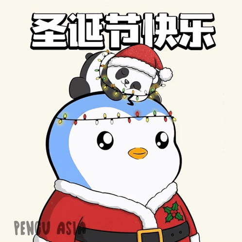 a penguin wearing a santa suit and a panda on its head