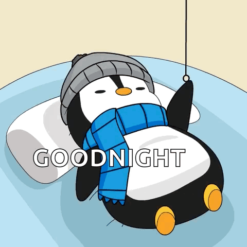 A Penguin Wearing A Scarf And A Hat Is Laying On A Bed With The Words Goodnight Written On The Bottom GIF