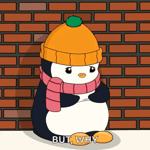A Penguin Wearing A Scarf And Hat Is Standing In Front Of A Brick Wall And Says But Why GIF