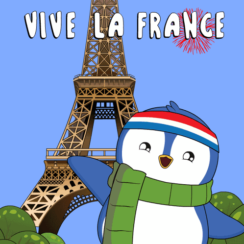A Penguin Wearing A Scarf In Front Of The Eiffel Tower Says " Vive La France " GIF