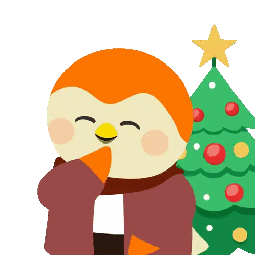 a penguin wearing a scarf is standing next to a christmas tree with a star on top