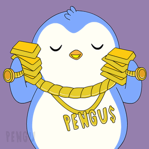 A Penguin Wearing A Shirt That Says ' Pengus ' Is Holding Gold Bars GIF