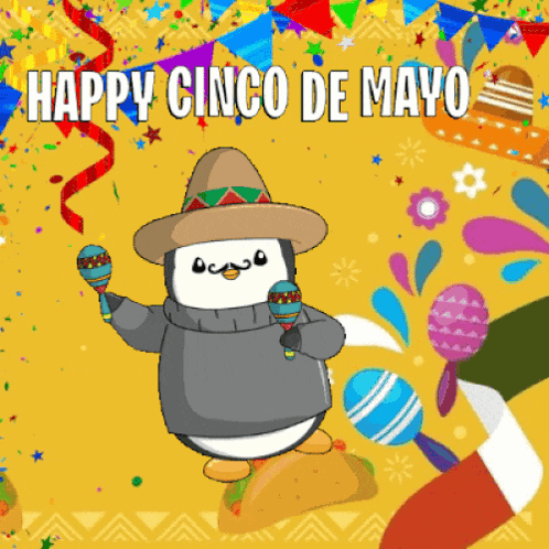 A Penguin Wearing A Sombrero And Holding Maracas With The Words Happy Cinco De Mayo Below Him GIF