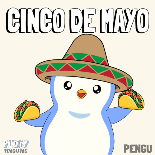 A Penguin Wearing A Sombrero And Holding Two Tacos GIF