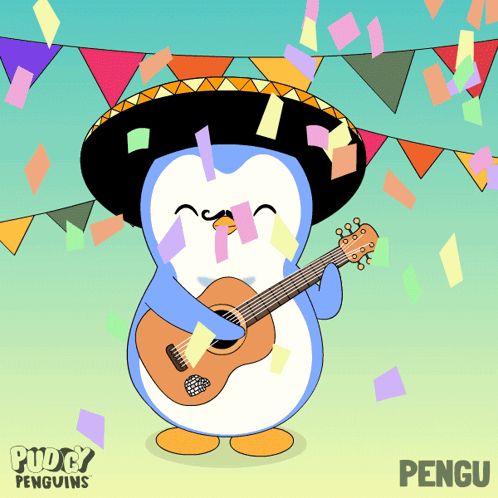 a penguin wearing a sombrero is playing a guitar with the name pengu on the bottom