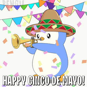 A Penguin Wearing A Sombrero Is Playing A Trumpet With The Words Happy Cinco De Mayo Written Below It GIF