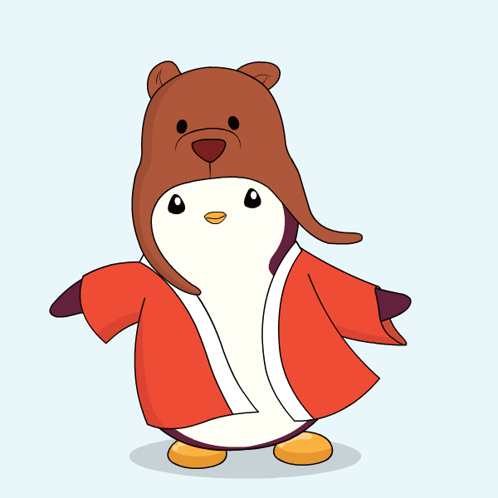 A Penguin Wearing A Teddy Bear Hat And A Red Coat GIF