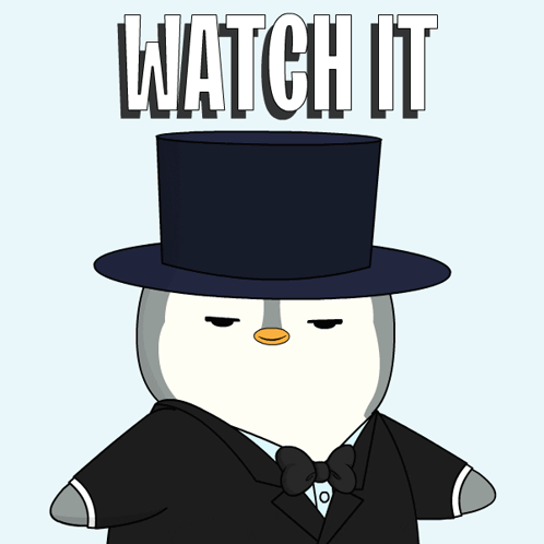 A Penguin Wearing A Top Hat And A Bow Tie Points At The Watch It Sign GIF