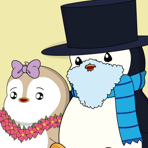 A Penguin Wearing A Top Hat And Scarf Stands Next To A Penguin Wearing A Flower Lei GIF