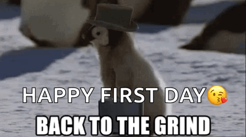 A Penguin Wearing A Top Hat With The Words Happy First Day Back To The Grind On The Bottom GIF