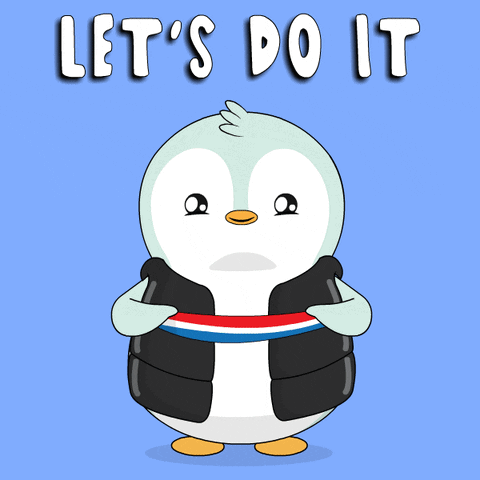 A Penguin Wearing A Vest And A Headband With The Words Let 'S Do It Below It GIF