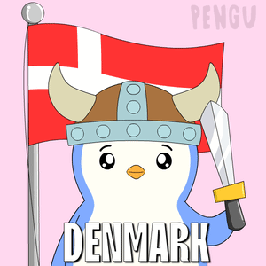 A Penguin Wearing A Viking Hat Is Holding A Sword And A Flag With Denmark Written Below It GIF