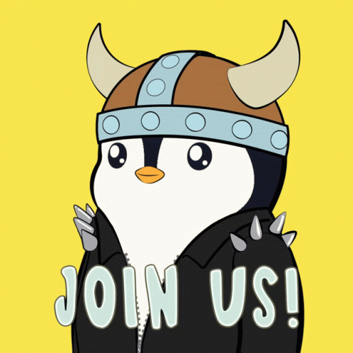 A Penguin Wearing A Viking Helmet And A Jacket That Says " Join Us " GIF
