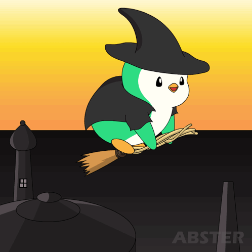 A Penguin Wearing A Witch Hat Is Flying On A Broomstick GIF