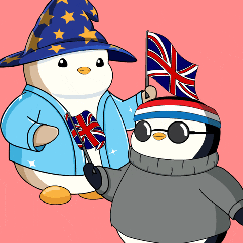 A Penguin Wearing A Wizard Hat Holds A British Flag Next To Another Penguin Wearing Sunglasses GIF