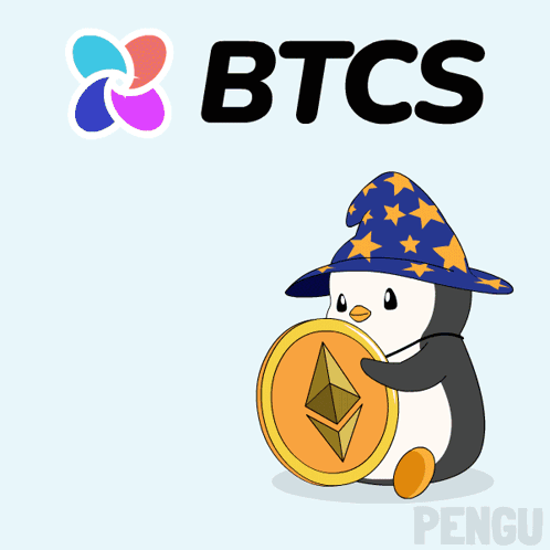 A Penguin Wearing A Wizard Hat Is Holding A Coin With The Word Btcs Above It GIF