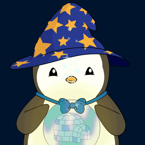 A Penguin Wearing A Wizard Hat Is Holding A Globe With An Igloo Inside GIF