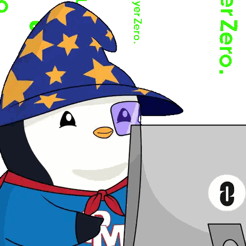 a penguin wearing a wizard hat looks at a laptop