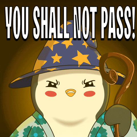 A Penguin Wearing A Wizard 'S Hat And Holding A Cane Says " You Shall Not Pass " GIF