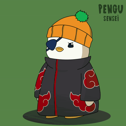 A Penguin Wearing An Orange Hat And A Black Coat With Red Clouds Is Surrounded By Green Smoke GIF