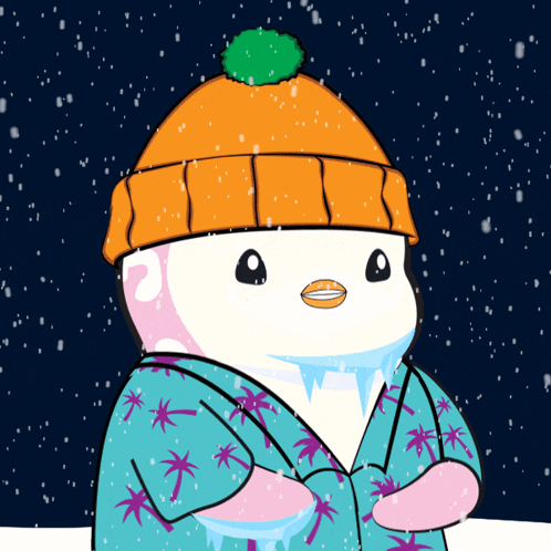 A Penguin Wearing An Orange Hat And A Blue Shirt With Palm Trees GIF
