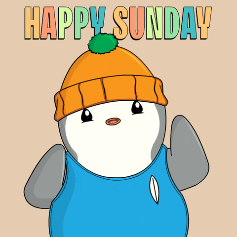 A Penguin Wearing An Orange Hat And A Blue Tank Top With The Words Happy Sunday Above It GIF