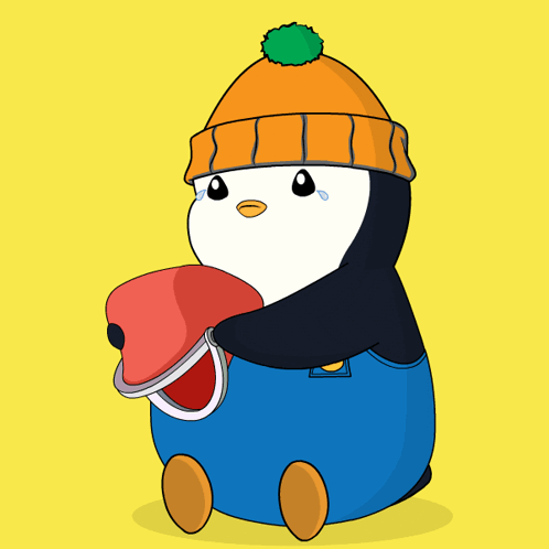 A Penguin Wearing An Orange Hat And Blue Overalls Is Holding A Wallet Full Of Money GIF