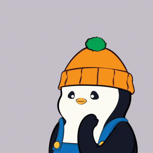 A Penguin Wearing An Orange Hat And Blue Overalls With The Word Periodt Written Above It GIF