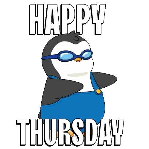 a penguin wearing blue overalls and goggles says happy thursday on a white background