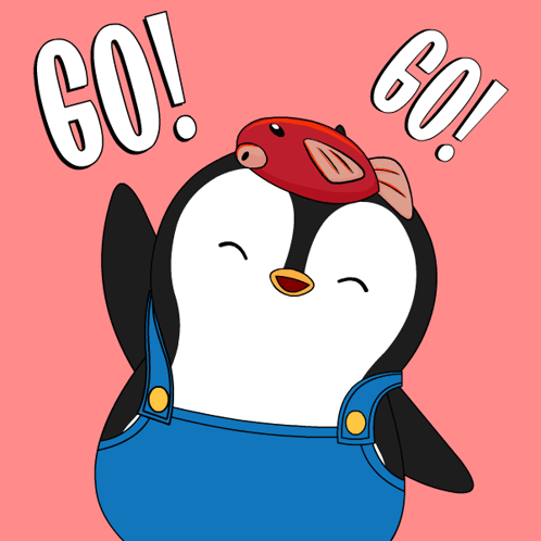 A Penguin Wearing Blue Overalls Has A Red Fish On Its Head And The Words Go Above It GIF