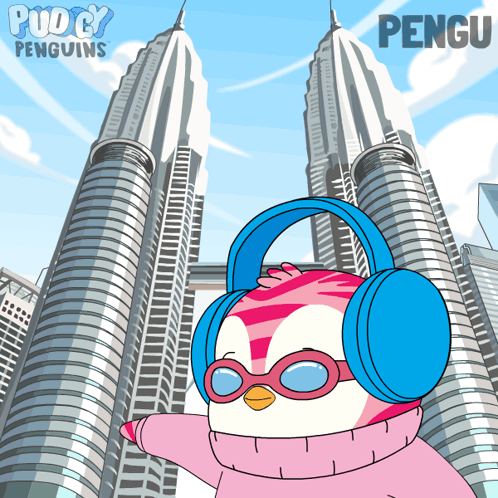 A Penguin Wearing Ear Muffs And Sunglasses Is Standing In Front Of A City Skyline With The Name Pengu On The Bottom GIF