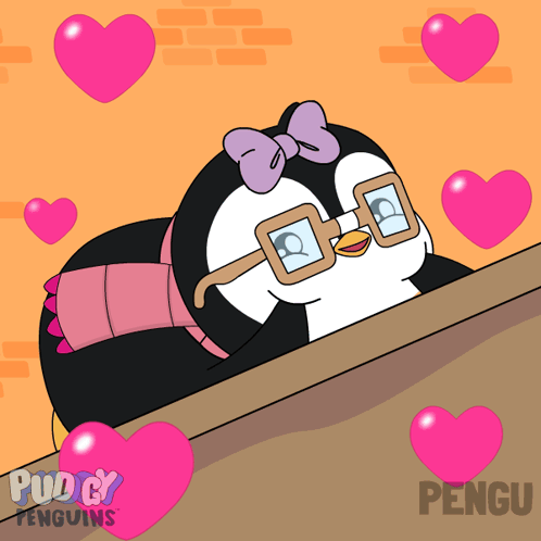 A Penguin Wearing Glasses And A Pink Bow Is Surrounded By Pink Hearts And The Word Pengu On The Bottom GIF