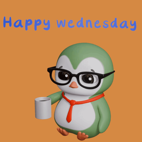 A Penguin Wearing Glasses And A Tie Is Holding A Cup Of Coffee And The Words Happy Wednesday Are Above It GIF