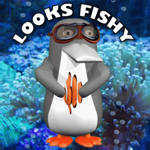 A Penguin Wearing Goggles And Holding A Fish With The Words Looks Fishy Above Him GIF