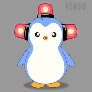 A Penguin Wearing Headphones And A Red Light On Its Head With The Word Pengu On The Bottom GIF