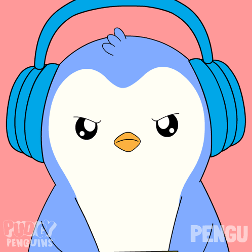 A Penguin Wearing Headphones Holds A Stop Sign GIF