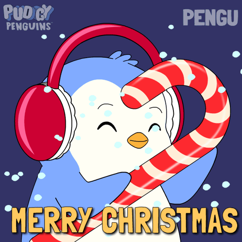 A Penguin Wearing Headphones Is Holding A Candy Cane And The Words Merry Christmas Are Above It GIF