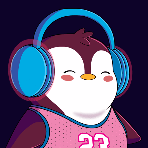A Penguin Wearing Headphones Is Wearing A Pink Jersey With The Number 23 On It GIF