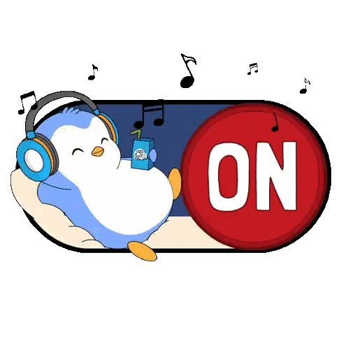 a penguin wearing headphones sits next to a red button that says " on "
