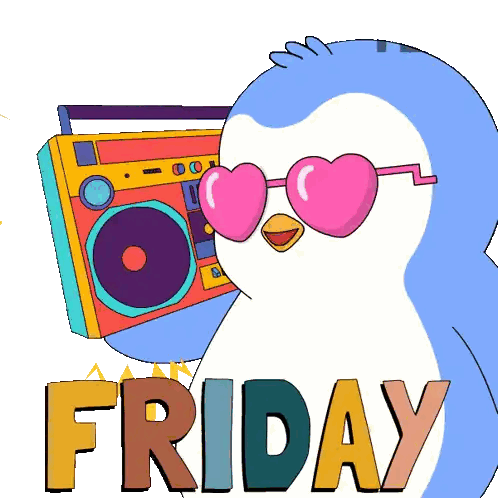 a penguin wearing pink heart shaped sunglasses is holding a boombox and the word friday is below it