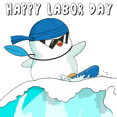 a penguin wearing sunglasses and a blue hat is riding a wave on a surfboard
